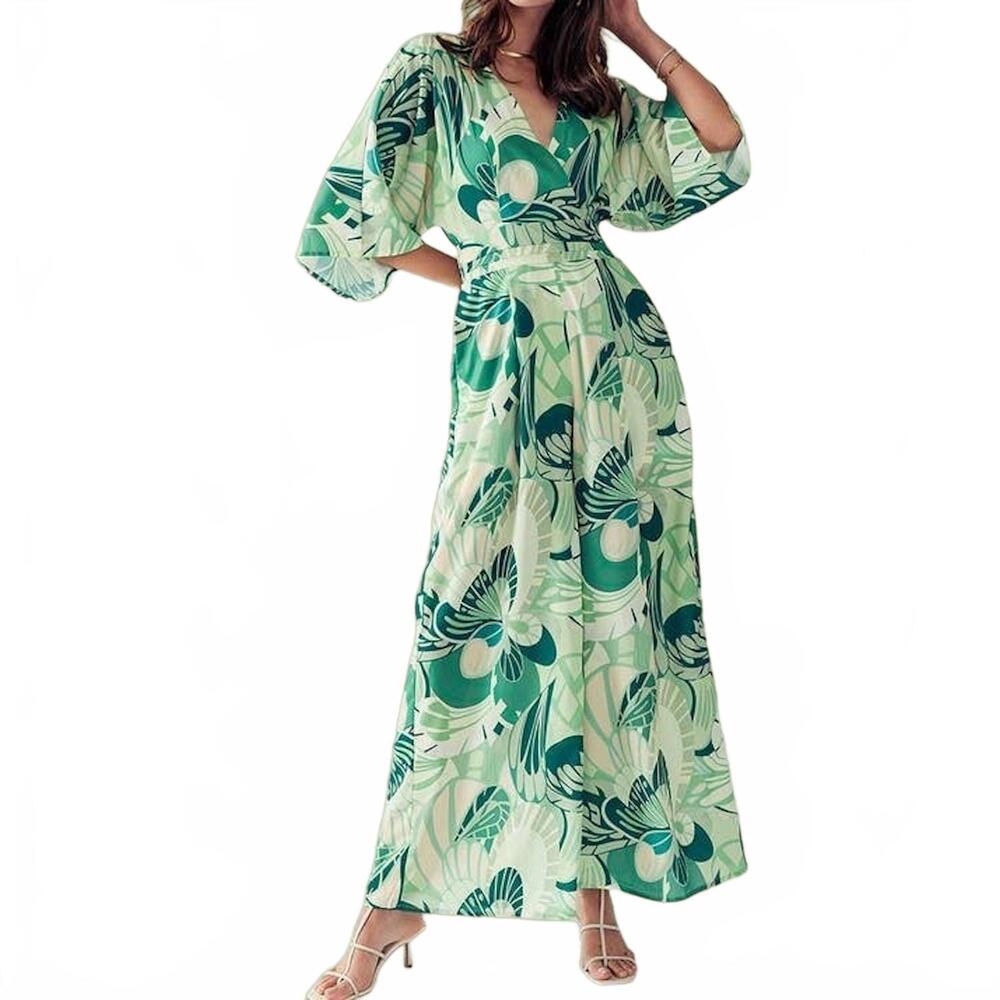 NEW BIG HIT FASHION elsie open back v-neck tie floral jumpsuit in green